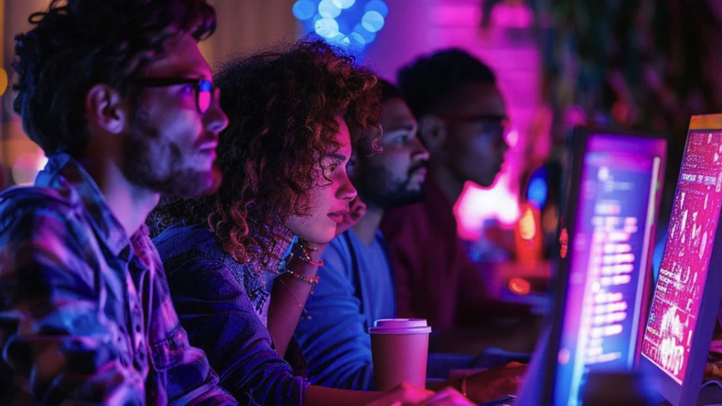 AI genererad bild på en ung kille och en ung tjej som sitter och arbetar vid en skärm i nattljus